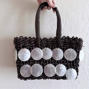 Y2K Dark Brown Straw Round Discs Seashells Summer Beach Bag